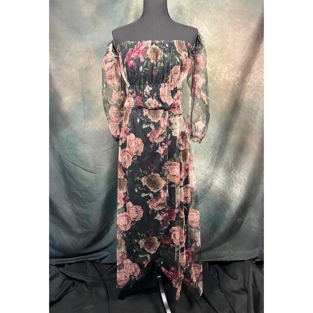 Boohoo Floral Mesh Off Shoulder Maxi Dress Black Pink US 8 Smocked Sheer Sleeve